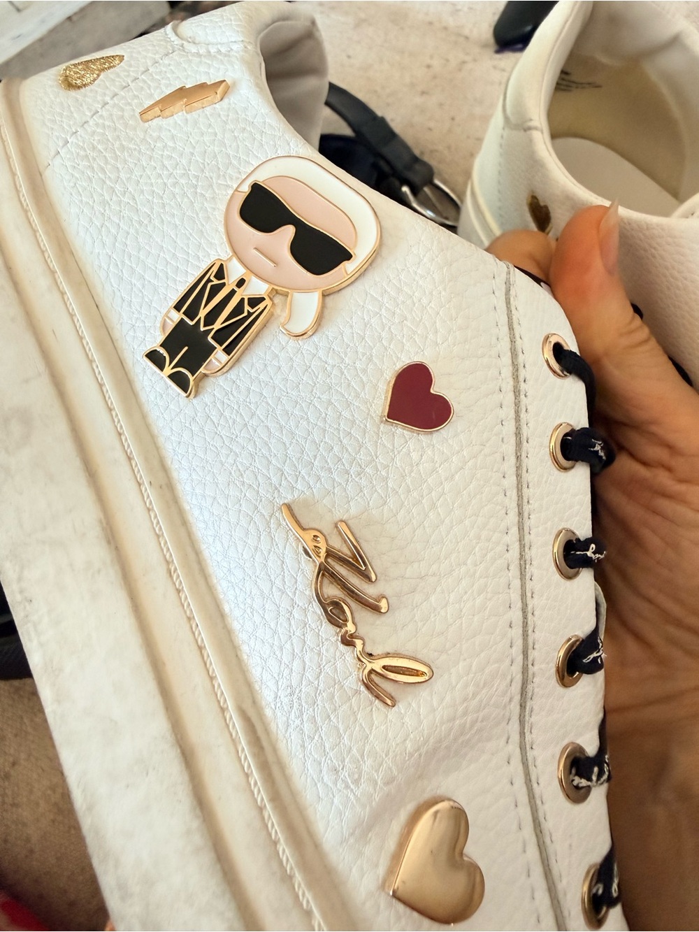 Karl Lagerfeld White Sneakers with Black Laces and Gold & Red Charms - Picture 4 of 5